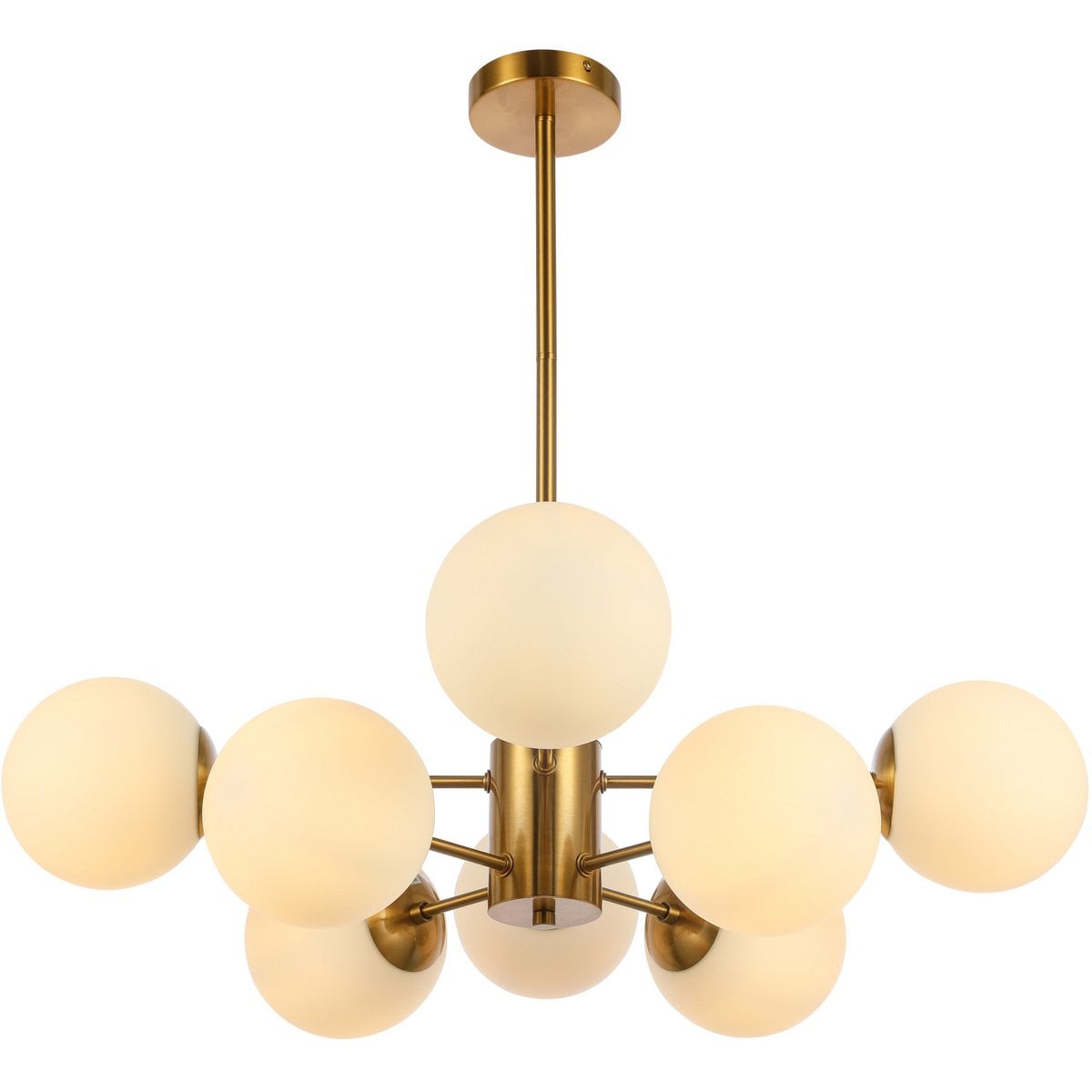 8-flammiger Kronleuchter Gold – Messing Satin & Weißglas – 68 cm