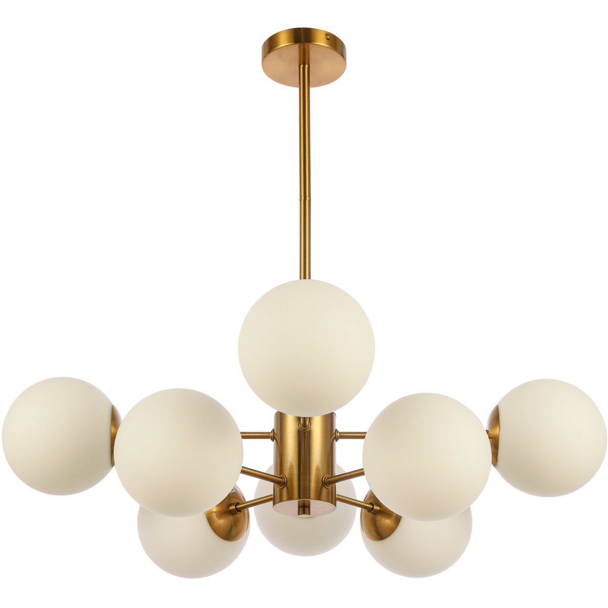 8-flammiger Kronleuchter Gold – Messing Satin & Weißglas – 68 cm