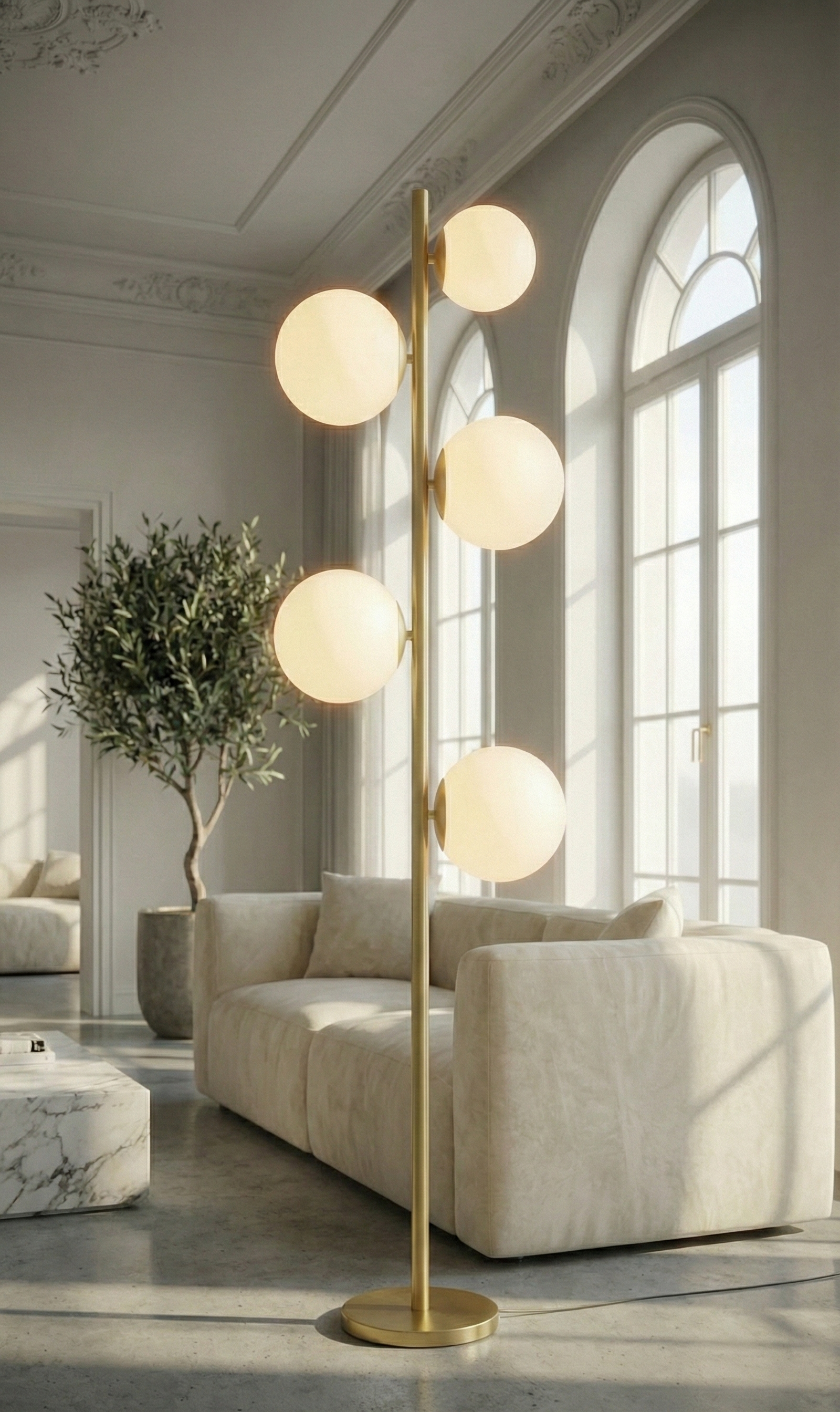 Luxus Stehlampe Jenna – Goldene Bodenleuchte mit weißen Glaskelchen