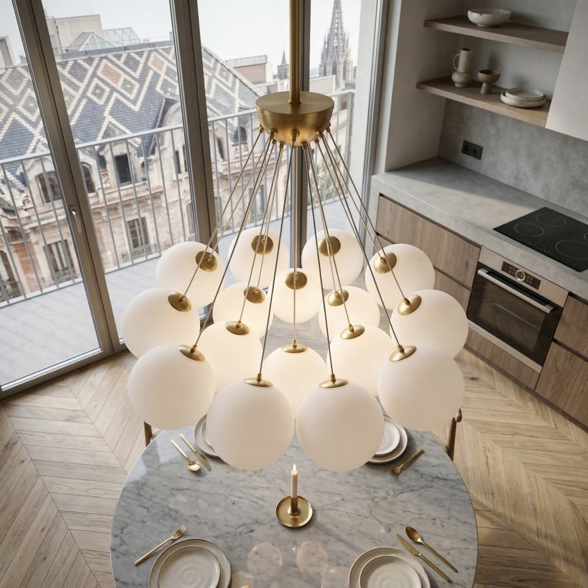 Emily Modern White Glass Chandelier - Gold Satin Brass Pendant Light - E27