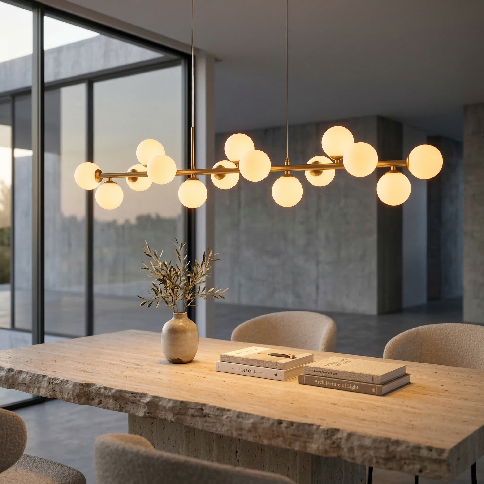 Nancy White Gold Moderner Design-Kronleuchter – Satiniertes Messing & Glas – 130cm