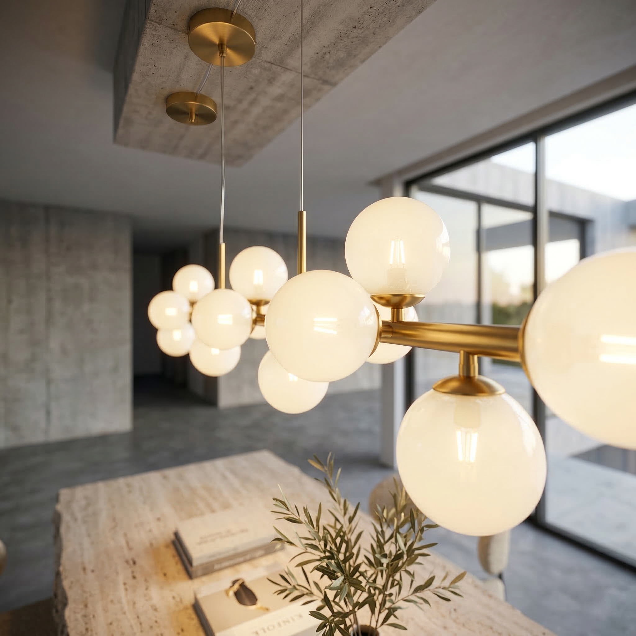 Nancy White Gold Moderner Design-Kronleuchter – Satiniertes Messing & Glas – 130cm