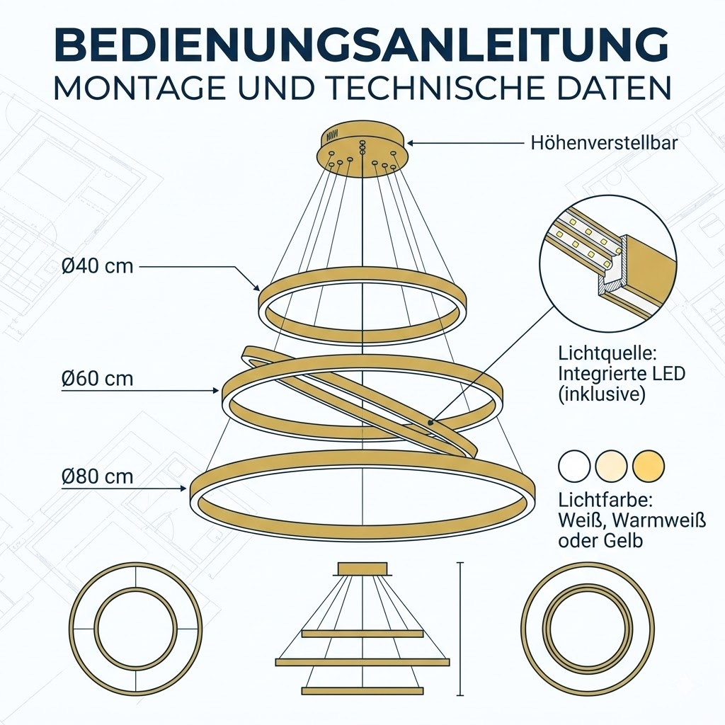 Neo Kupfer Gold 3-Ring LED-Pendelleuchte Ø40+60+80cm Dimmbar – Moderner Kronleuchter