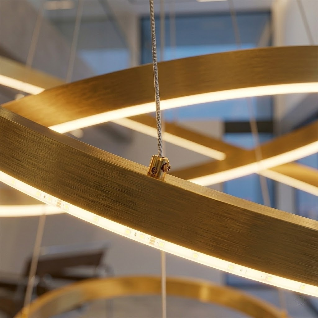 Neo Kupfer Gold 3-Ring LED-Pendelleuchte Ø40+60+80cm Dimmbar – Moderner Kronleuchter
