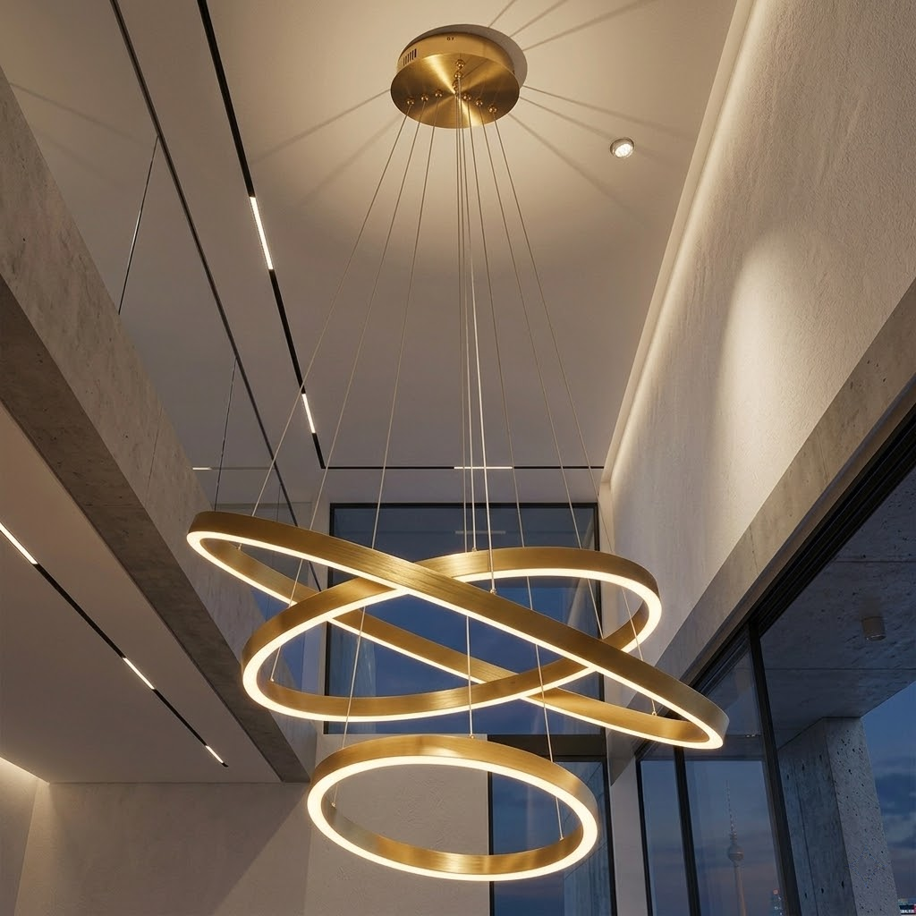 Neo Kupfer Gold 3-Ring LED-Pendelleuchte Ø40+60+80cm Dimmbar – Moderner Kronleuchter