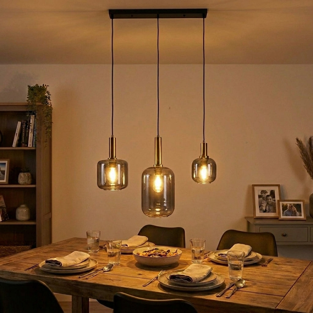 Näve Pendelleuchte mehrflammig, Rauchglas, Schwarz-Gold, Metall, 82 cm, Retro 80er-Jahre Esstischlampe