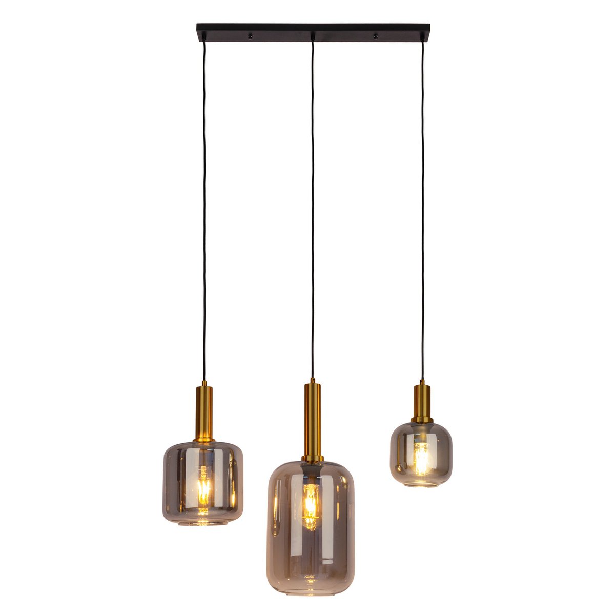 Näve Pendelleuchte mehrflammig, Rauchglas, Schwarz-Gold, Metall, 82 cm, Retro 80er-Jahre Esstischlampe