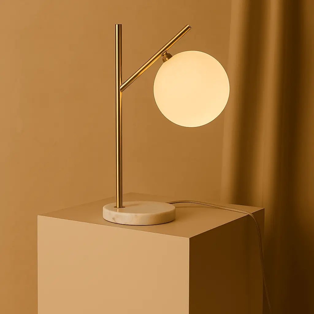 Tischlampe Marmor 40 cm – Design Tischleuchte Gold mit Glaskugel G9