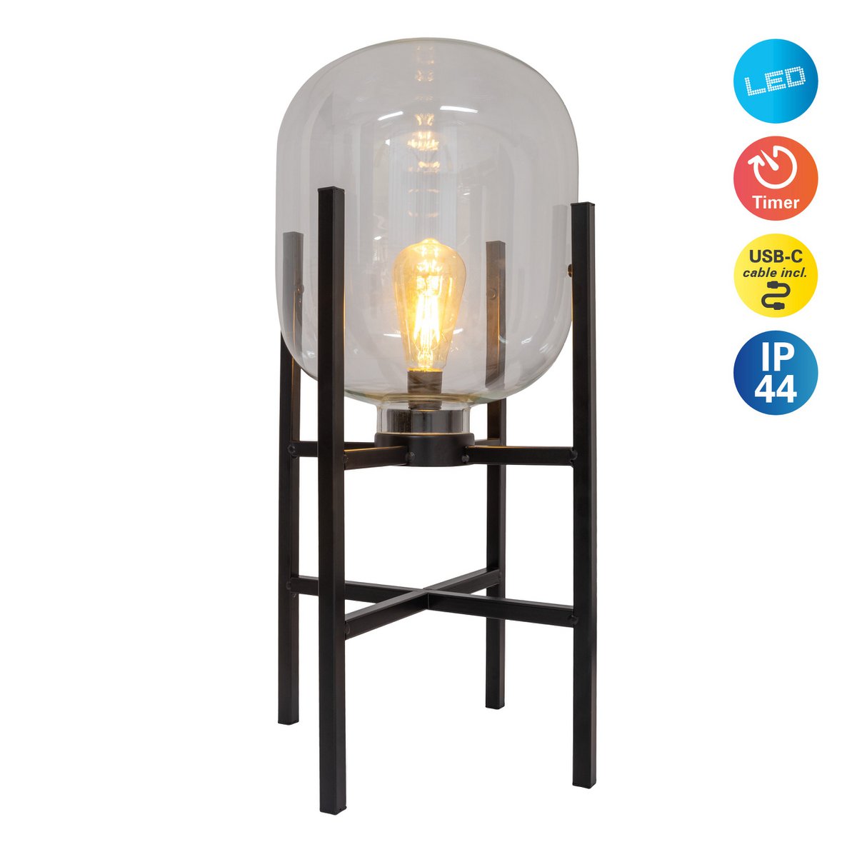 Näve Akku-Tischleuchte mit Glasschirm, schwarz, IP44, kabellos, für innen & außen, 58 cm
