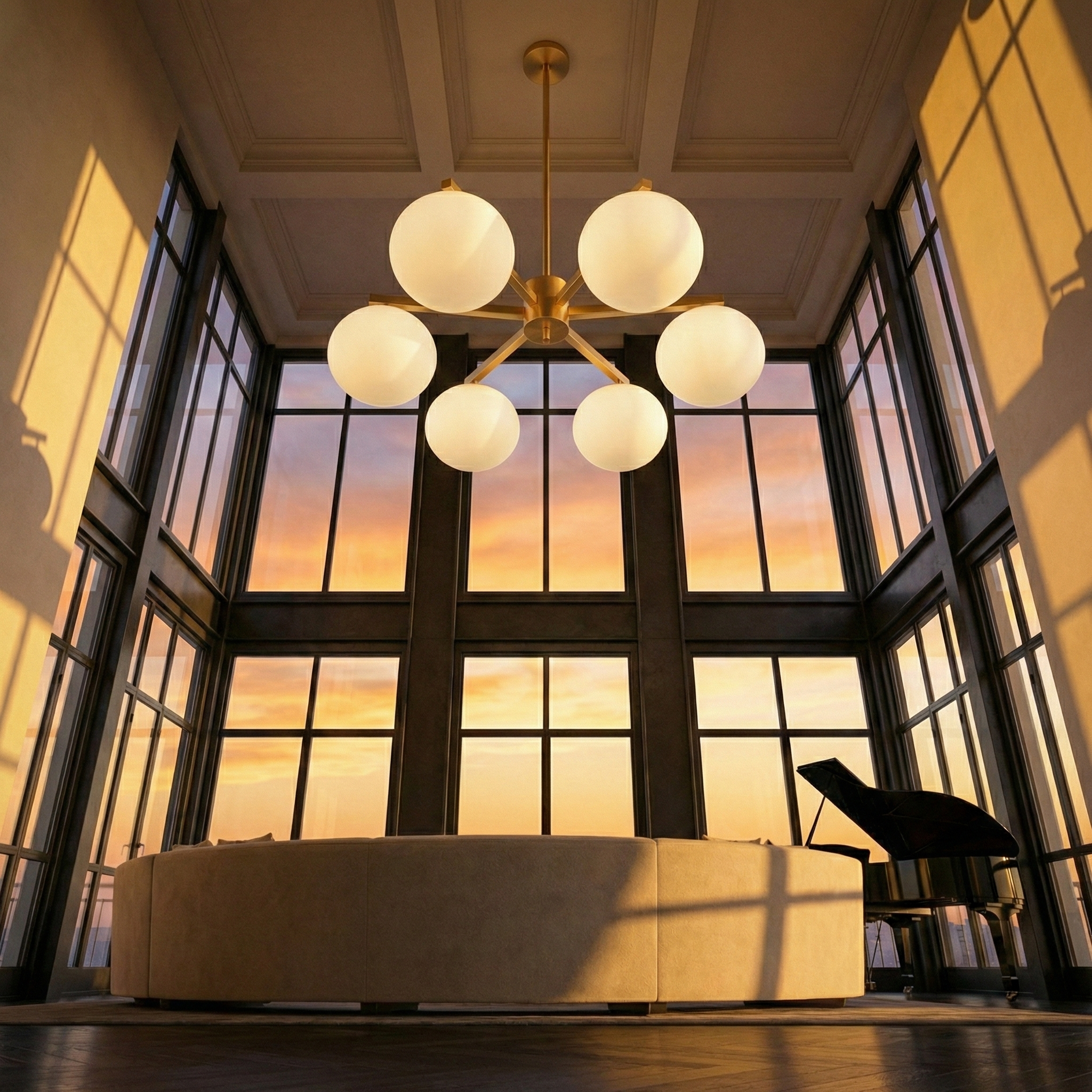 Moderner 6-Licht Kronleuchter Stella – Messing Satin & weißes Glas 75cm