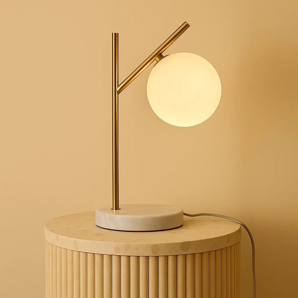 Tischlampe Marmor 40 cm – Design Tischleuchte Gold mit Glaskugel G9