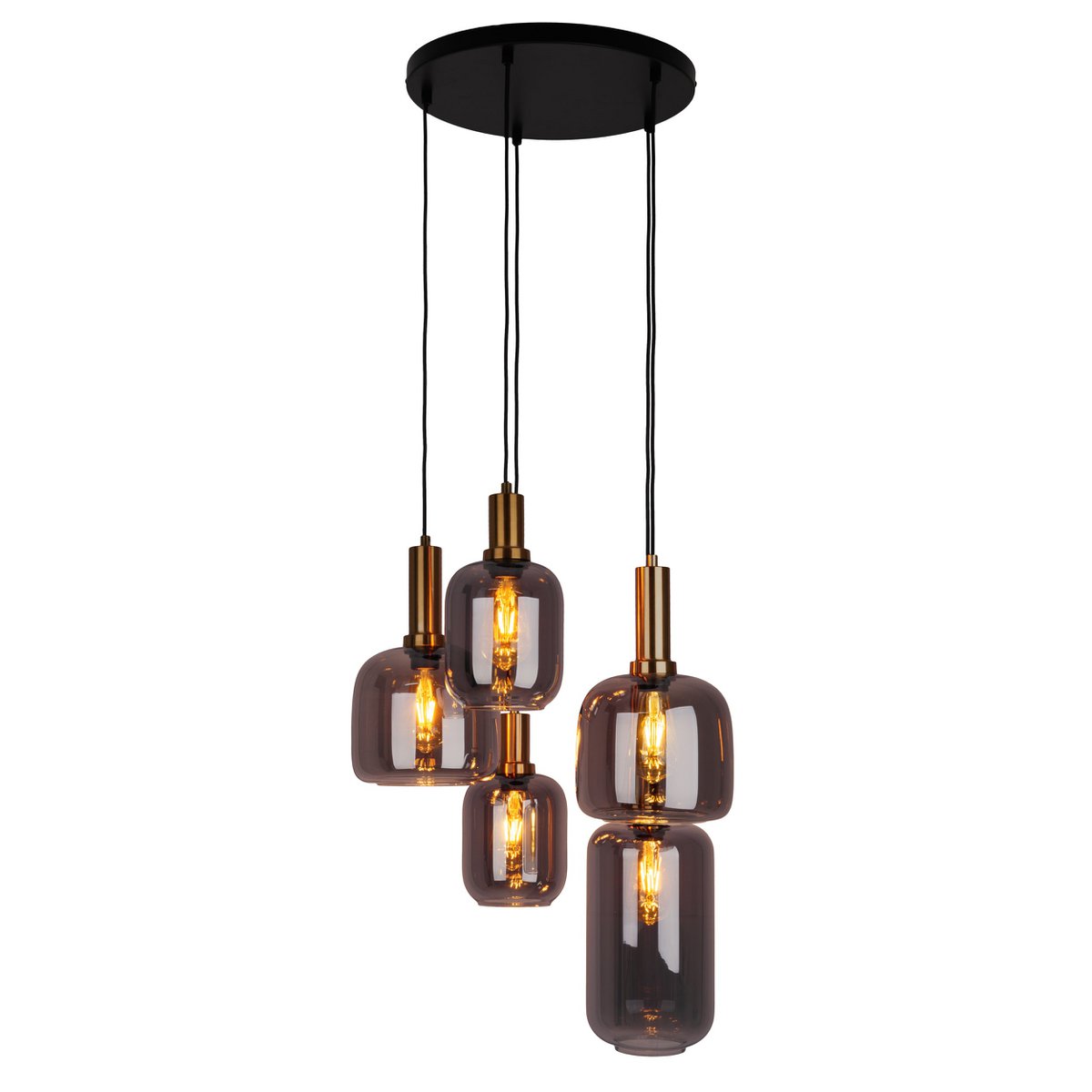 Näve Pendelleuchte mehrflammig, Rauchglas, Gold & Schwarz, Metall, Retro 80er-Jahre Hängeleuchte