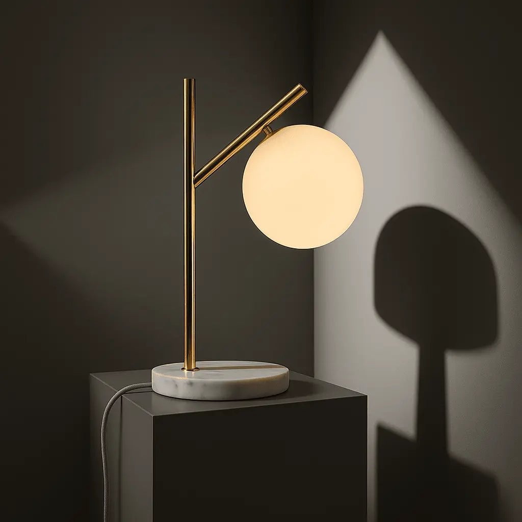 Tischlampe Marmor 40 cm – Design Tischleuchte Gold mit Glaskugel G9