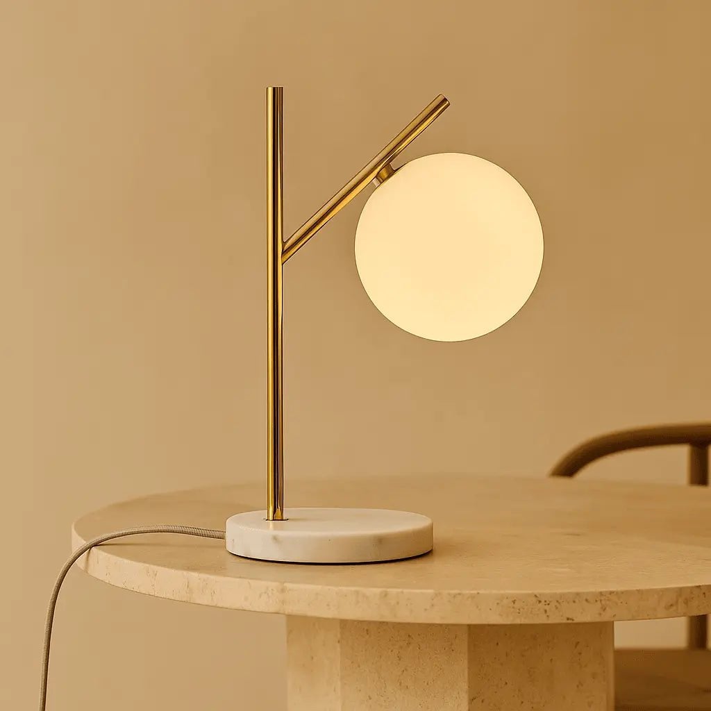 Tischlampe Marmor 40 cm – Design Tischleuchte Gold mit Glaskugel G9