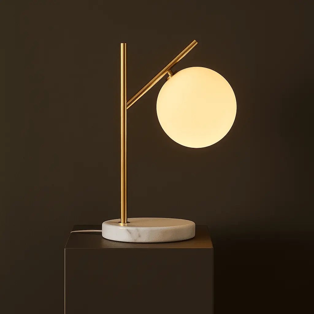 Tischlampe Marmor 40 cm – Design Tischleuchte Gold mit Glaskugel G9