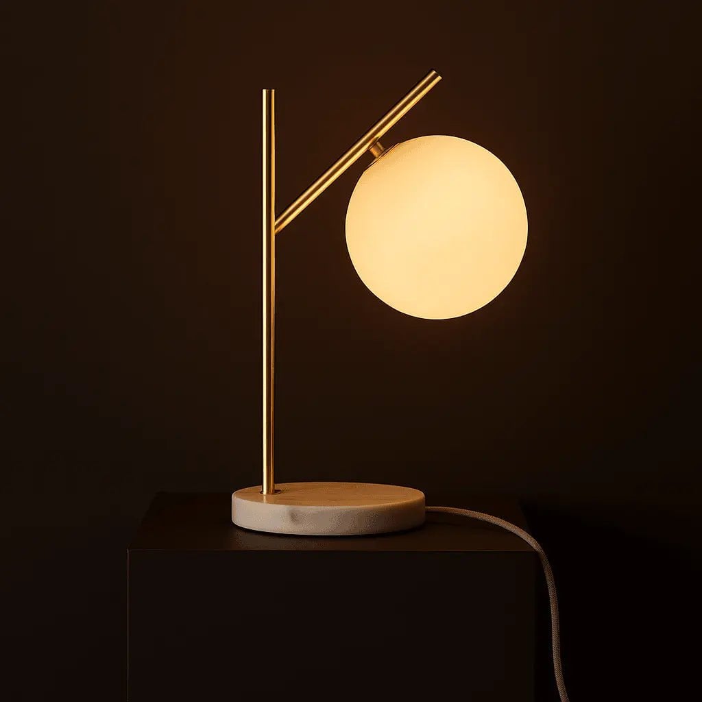 Tischlampe Marmor 40 cm – Design Tischleuchte Gold mit Glaskugel G9