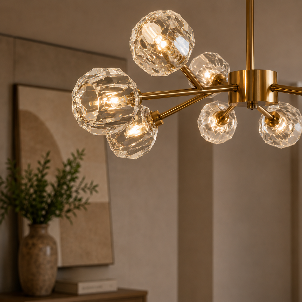 9-flammiger Kronleuchter Kupfer-Gold & Glas - Modernes Design 80 cm