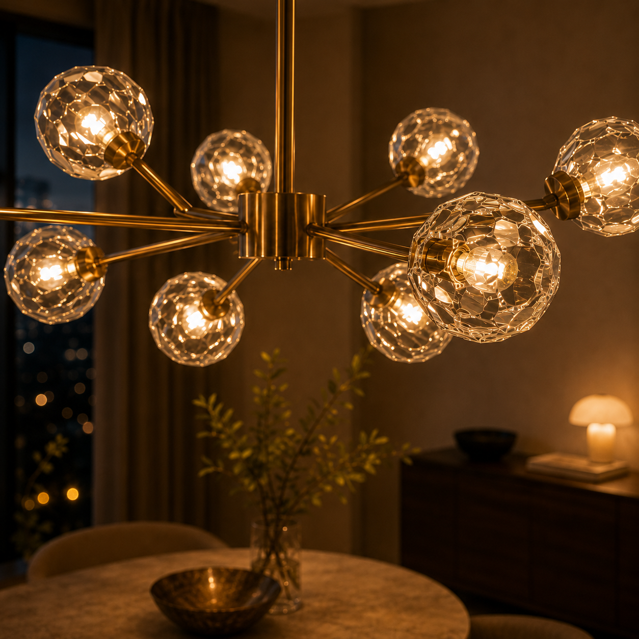 9-flammiger Kronleuchter Kupfer-Gold & Glas - Modernes Design 80 cm