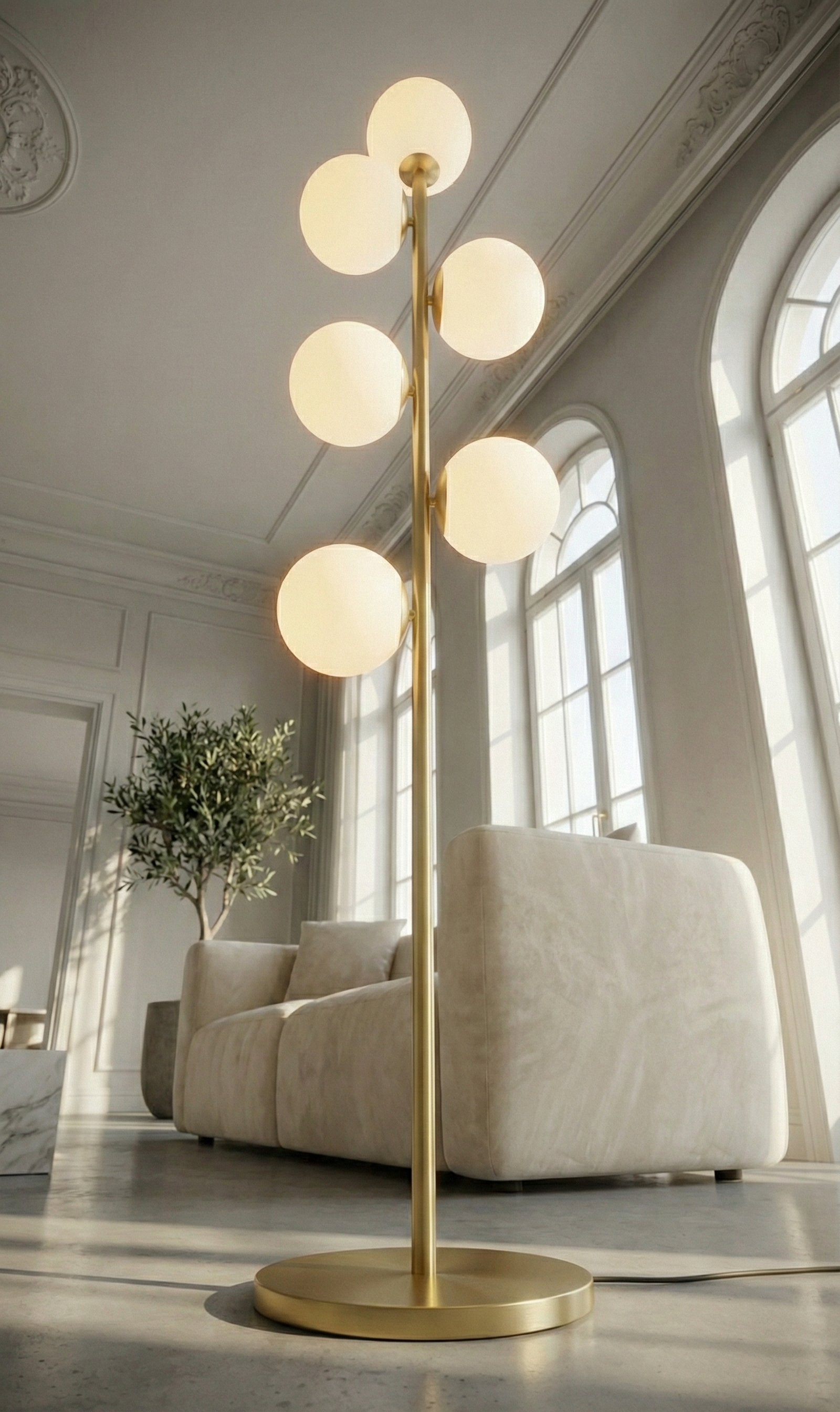 Luxus Stehlampe Jenna – Goldene Bodenleuchte mit weißen Glaskelchen