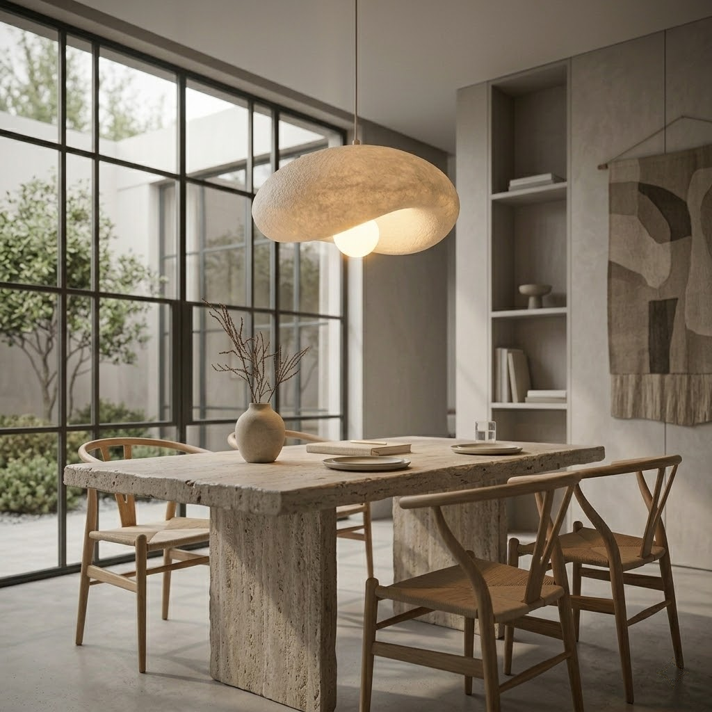 Japandi Pendellampe Nami – Strukturierte Esszimmerlampe Beige E27