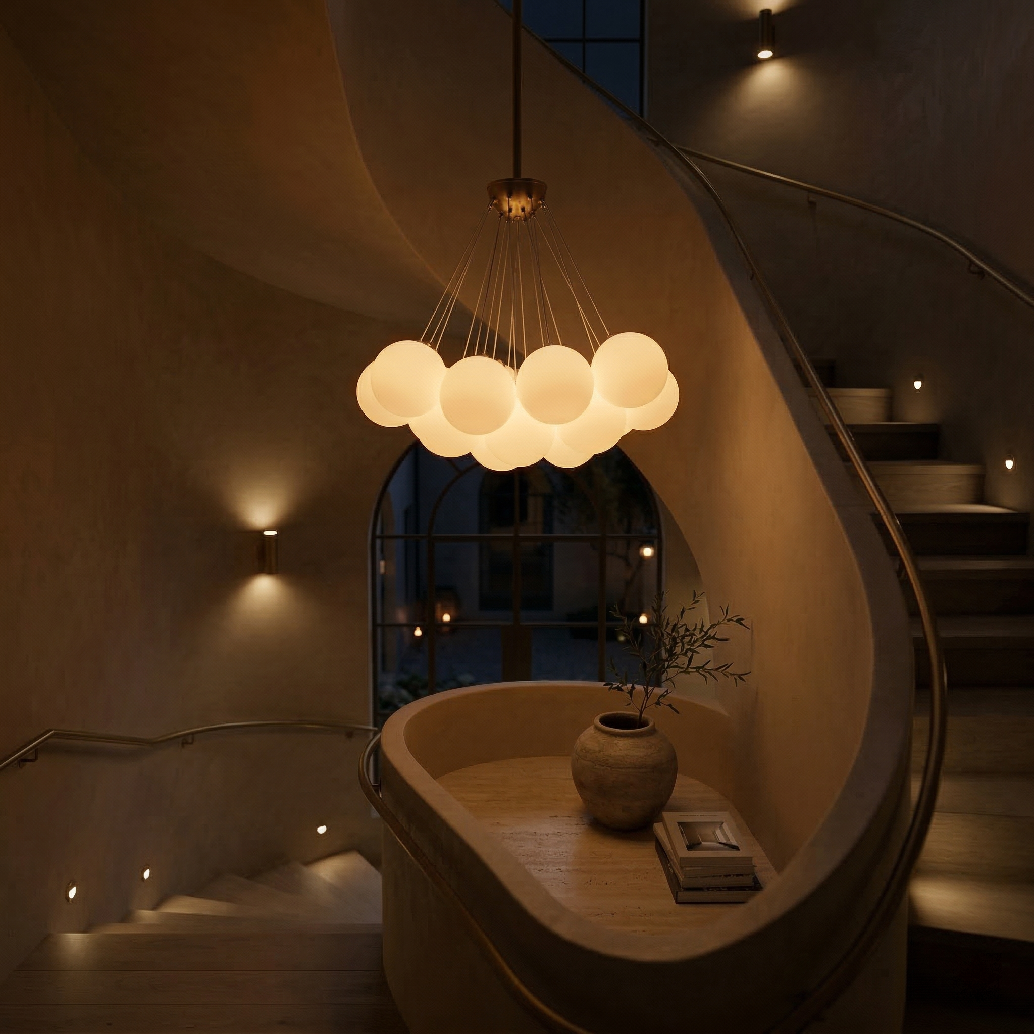 Emily Modern White Glass Chandelier - Gold Satin Brass Pendant Light - E27