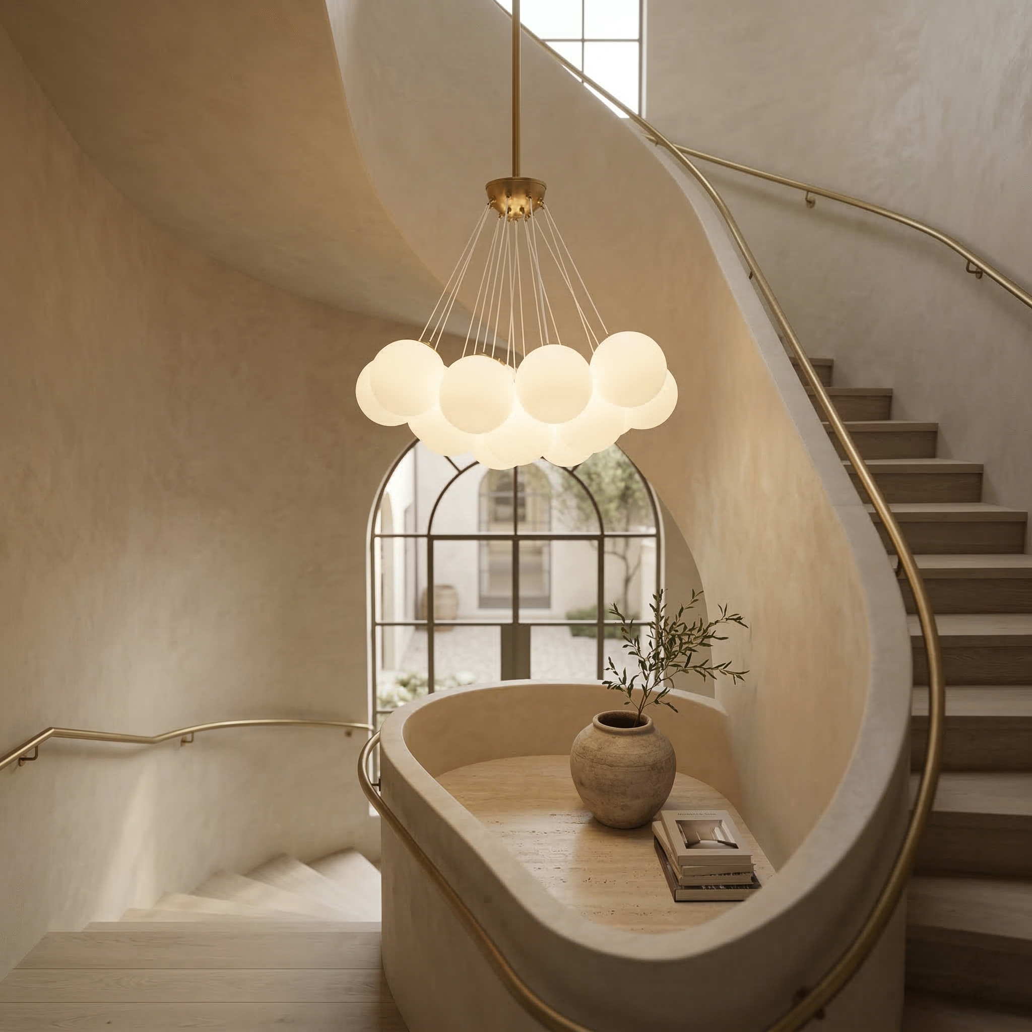 Emily Modern White Glass Chandelier - Gold Satin Brass Pendant Light - E27