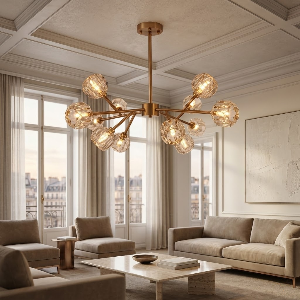 12-Licht Pendelleuchte Rosy Copper Gold – Modernes Glas & Metall – 90x45 cm