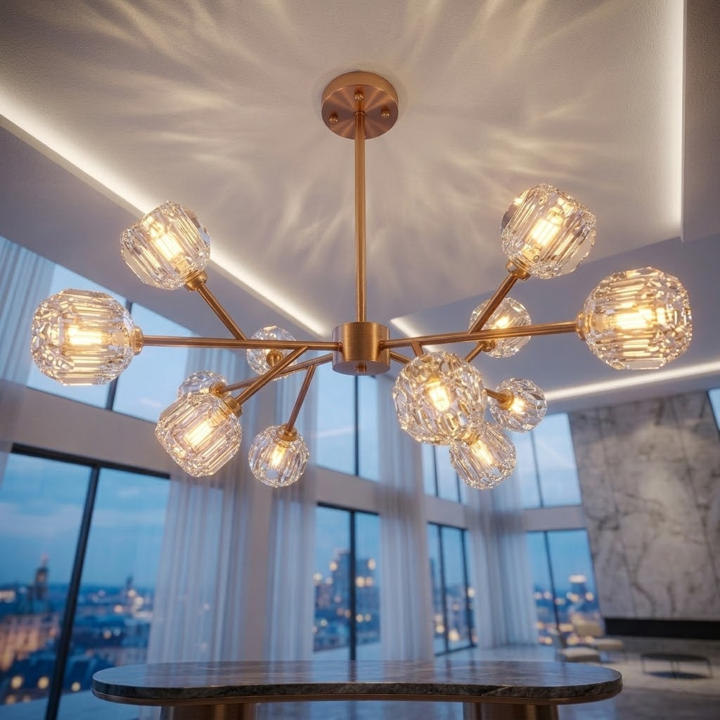 12-Licht Pendelleuchte Rosy Copper Gold – Modernes Glas & Metall – 90x45 cm