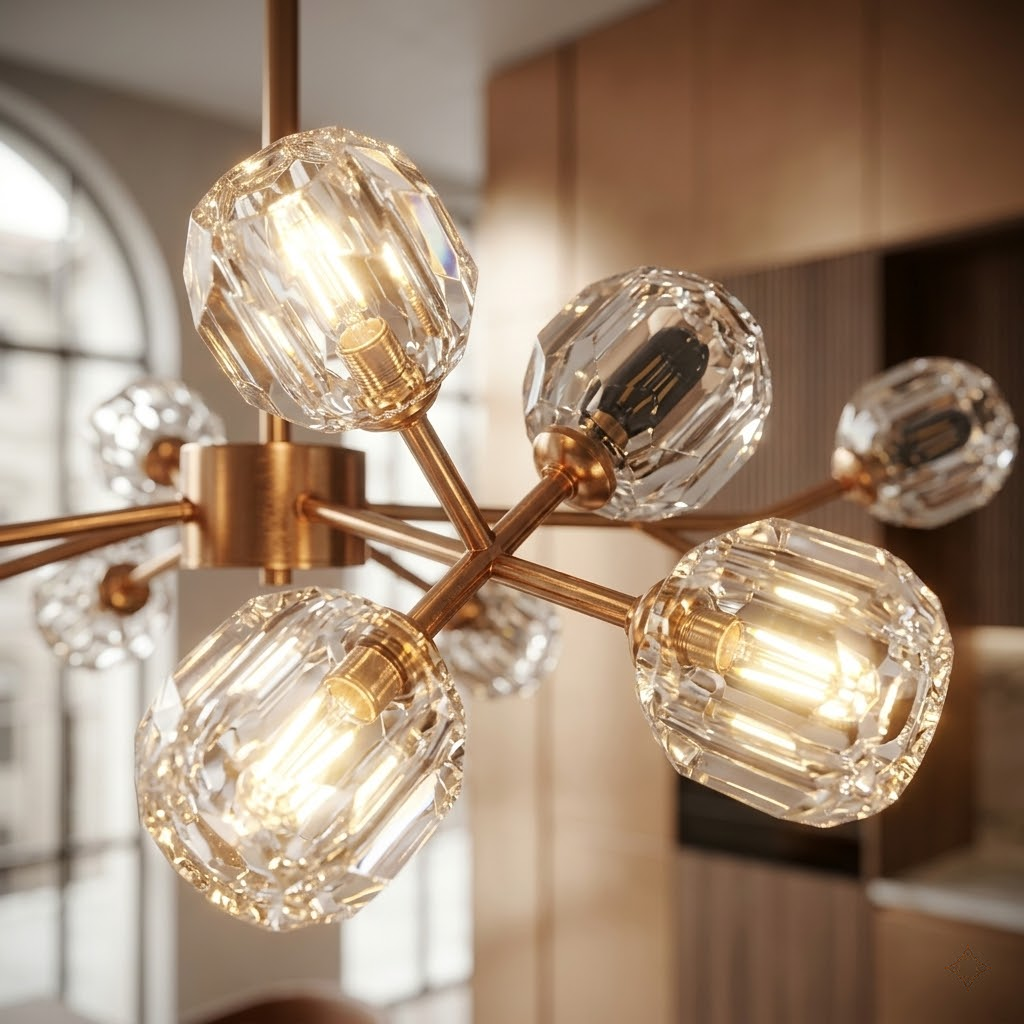 9-flammiger Kronleuchter Kupfer-Gold & Glas - Modernes Design 80 cm