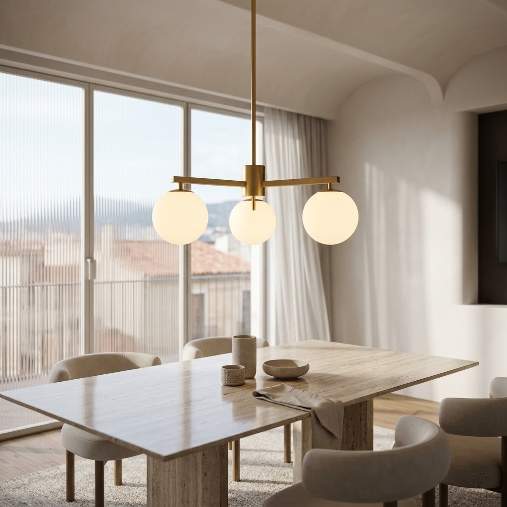 Dreiflammige Esszimmerlampe Stella Gold – Messing Satin & Design-Glas weiß