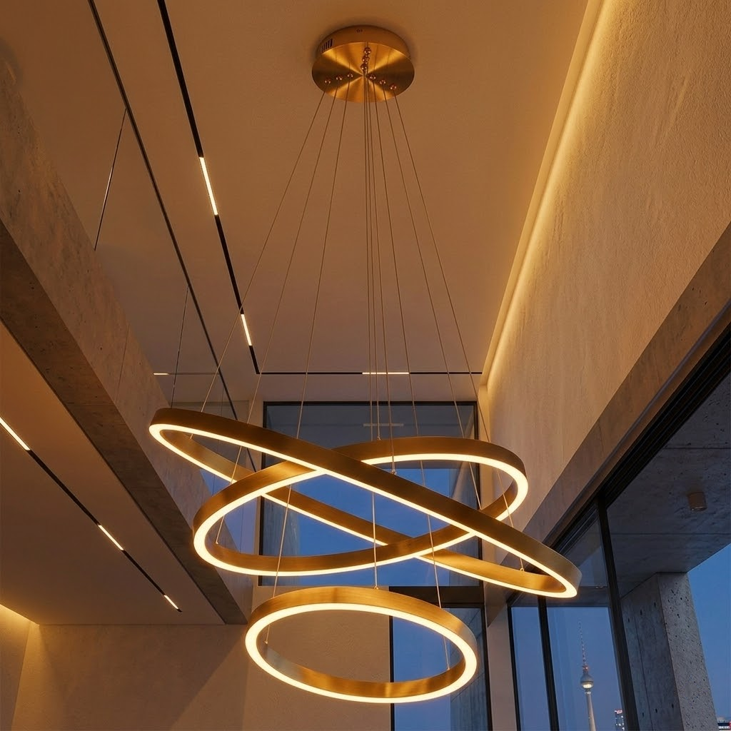 Neo Kupfer Gold 3-Ring LED-Pendelleuchte Ø40+60+80cm Dimmbar – Moderner Kronleuchter