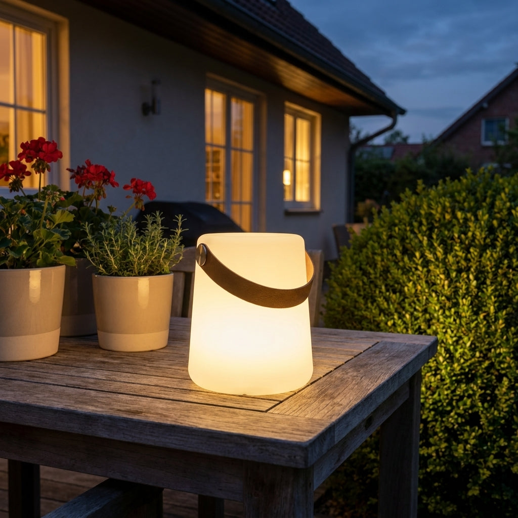 House Nordic LED-Akkuleuchte tragbar, weiß, IP44, mit Tragegurt, kabellos, für innen & außen