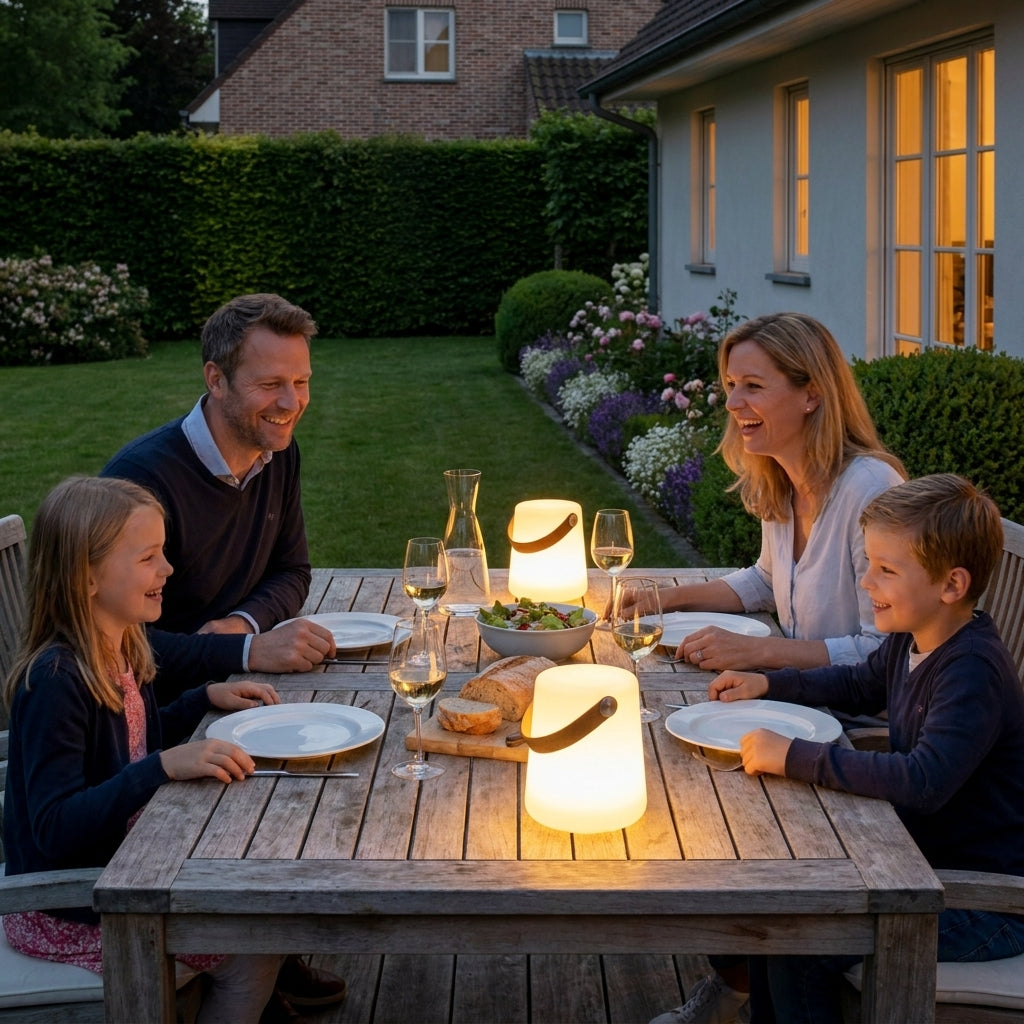 House Nordic LED-Akkuleuchte tragbar, weiß, IP44, mit Tragegurt, kabellos, für innen & außen