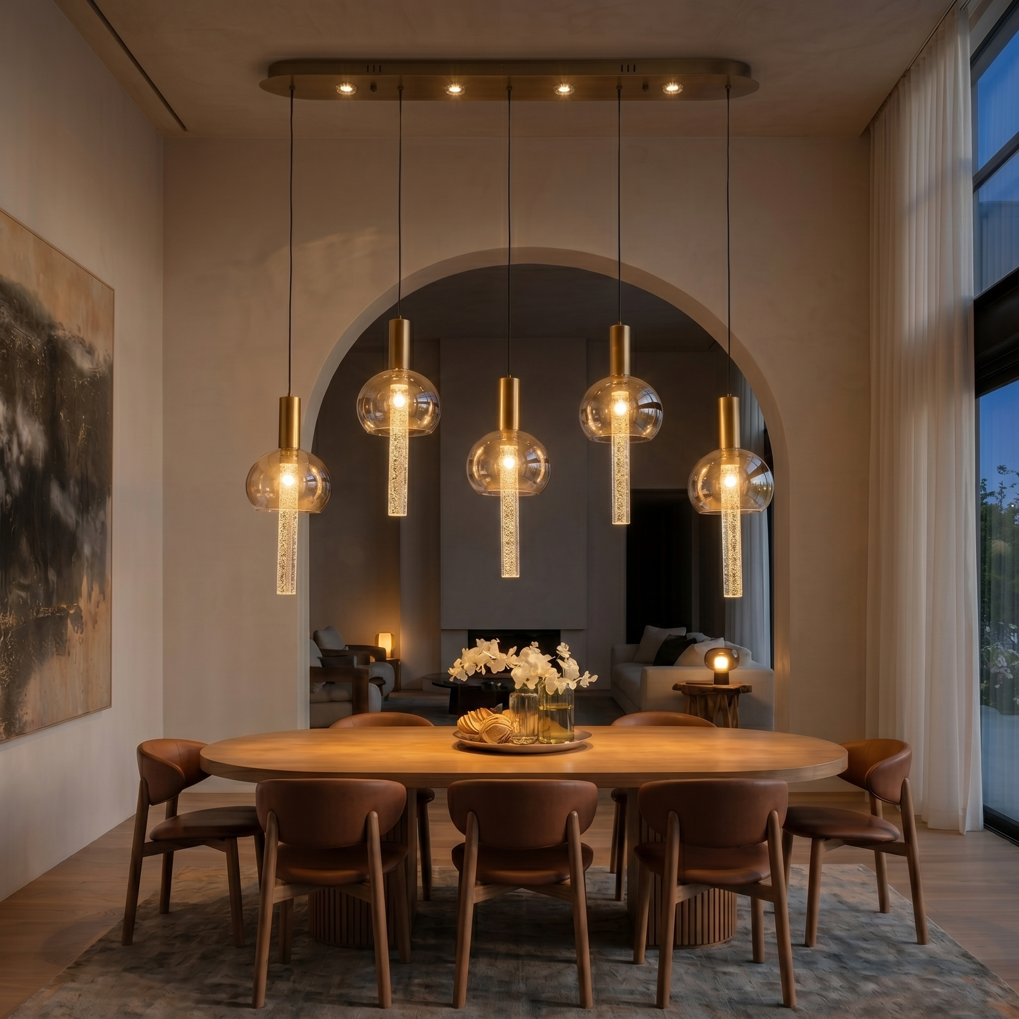 5-flammige LED-Hängelampe Kupfergold – Luftblasen-Glas – 100 cm