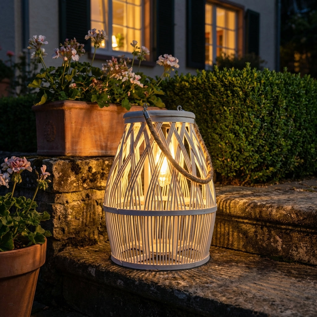 Näve Deko-Laterne Rattan weiß, mit LED, stehend & hängend, Naturlook, Stimmungslicht