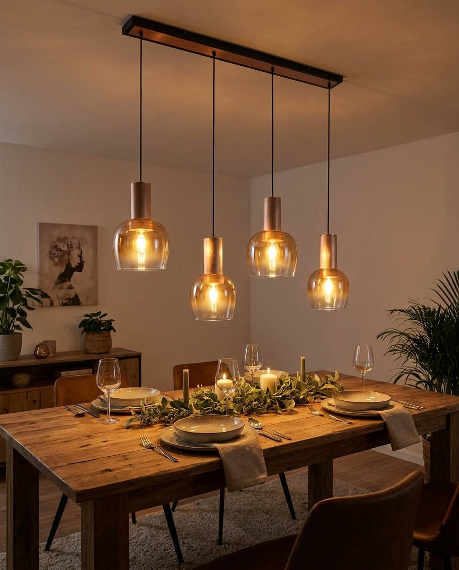 Näve Hängeleuchte Messingoptik, Amber-Glas, Metall, 111 cm, Retro 80er-Jahre Pendelleuchte