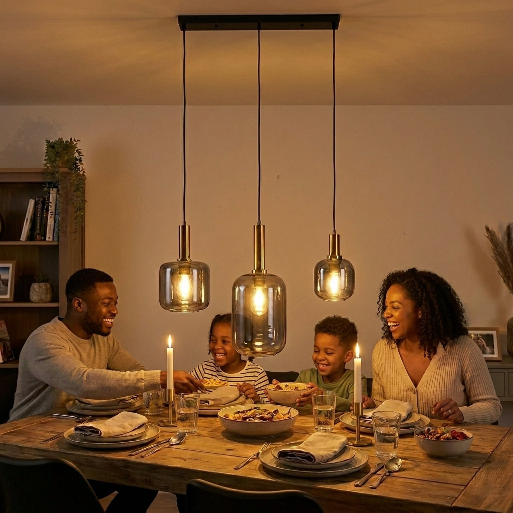 Näve Pendelleuchte mehrflammig, Rauchglas, Schwarz-Gold, Metall, 82 cm, Retro 80er-Jahre Esstischlampe