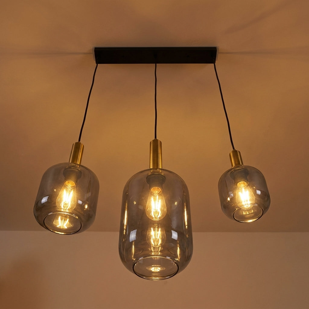 Näve Pendelleuchte mehrflammig, Rauchglas, Schwarz-Gold, Metall, 82 cm, Retro 80er-Jahre Esstischlampe