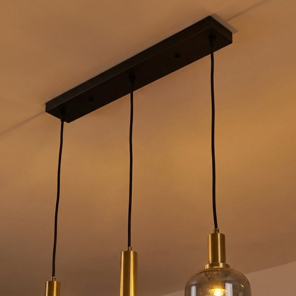 Näve Pendelleuchte mehrflammig, Rauchglas, Schwarz-Gold, Metall, 82 cm, Retro 80er-Jahre Esstischlampe