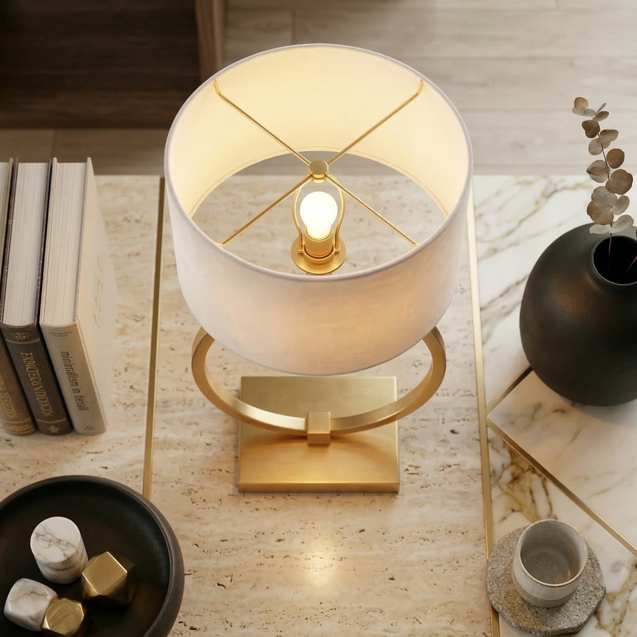 Design Tischlampe Gold Ring – Große Tischleuchte 70 cm mit Weißem Schirm