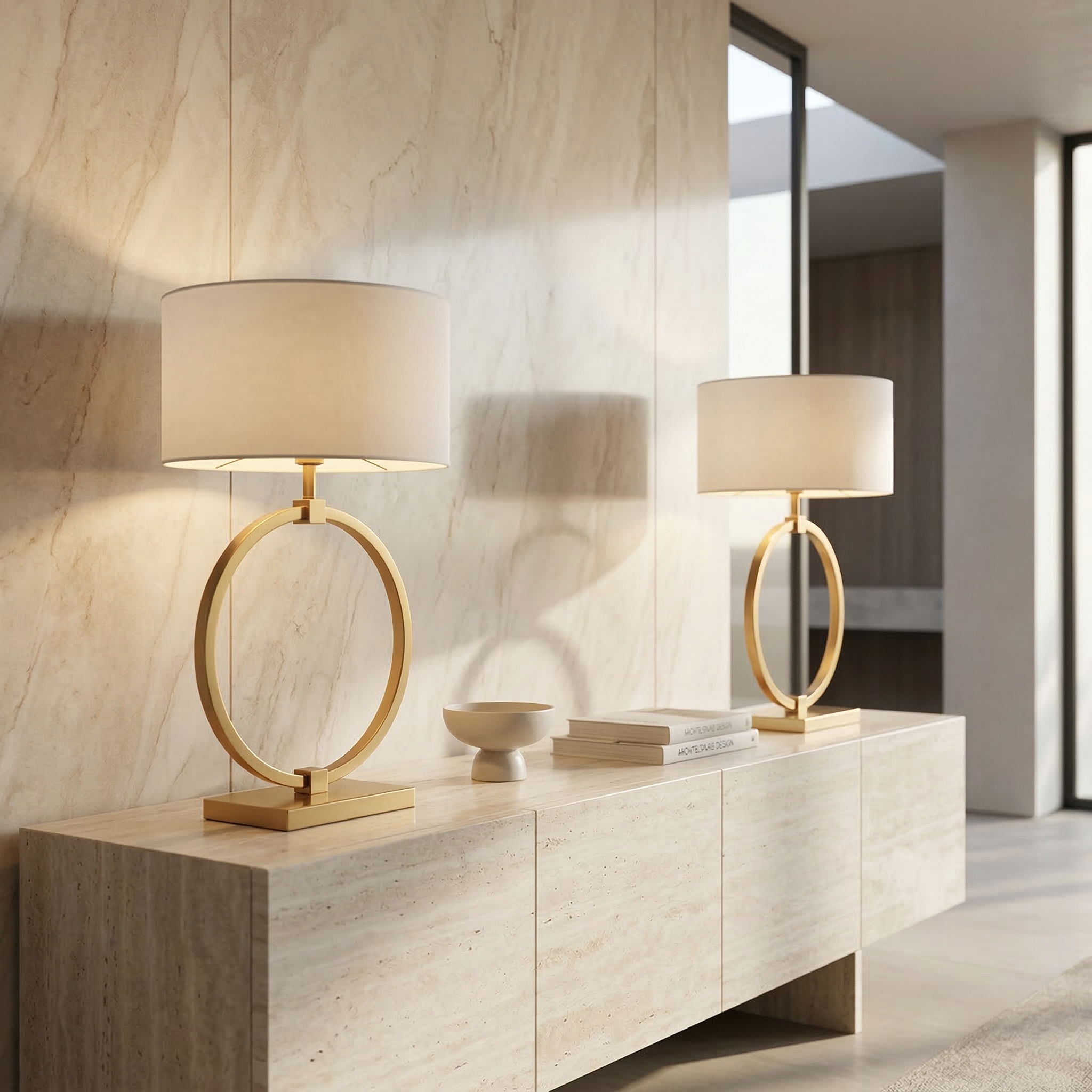 Design Tischlampe Gold Ring – Große Tischleuchte 70 cm mit Weißem Schirm