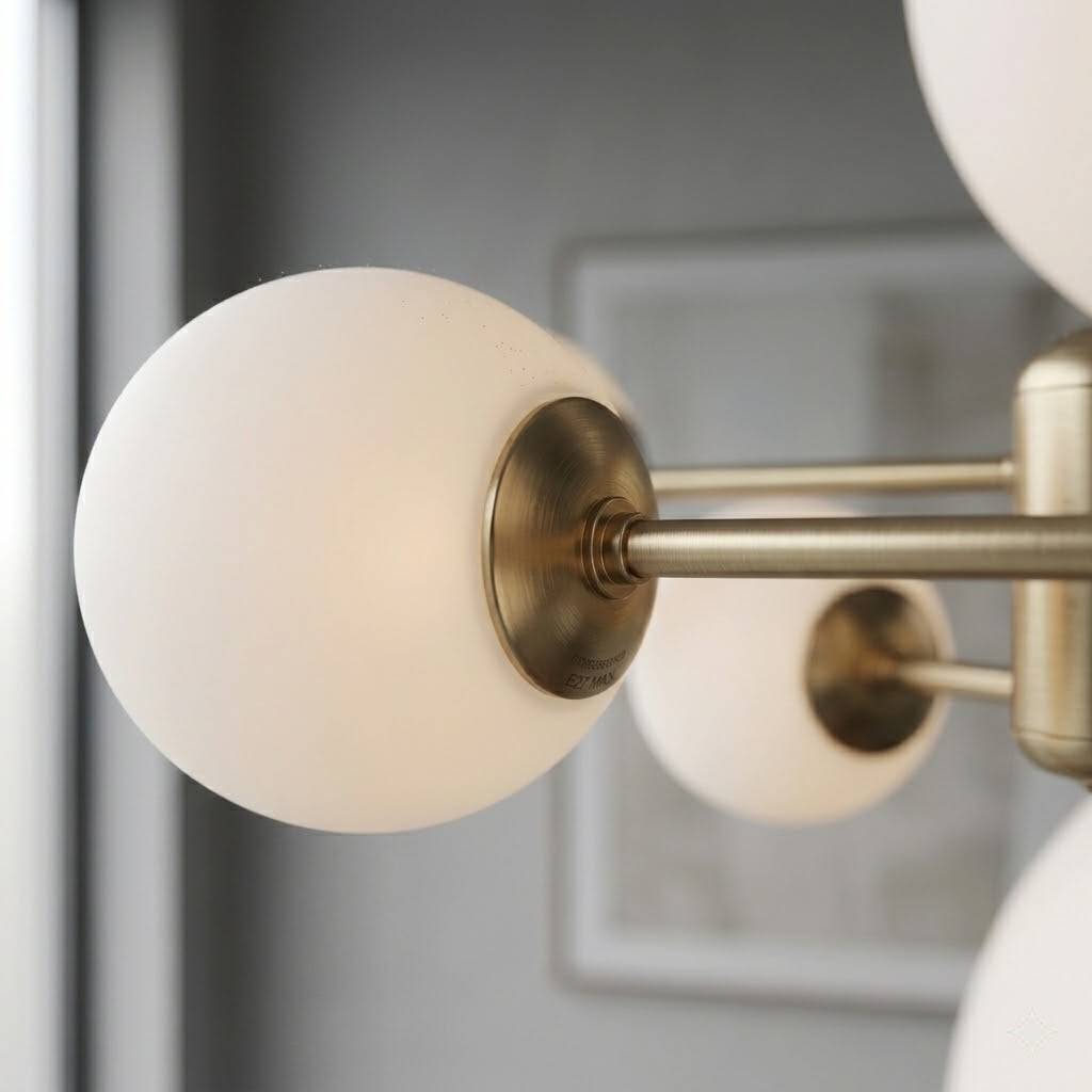 8-flammiger Kronleuchter Gold – Messing Satin & Weißglas – 68 cm