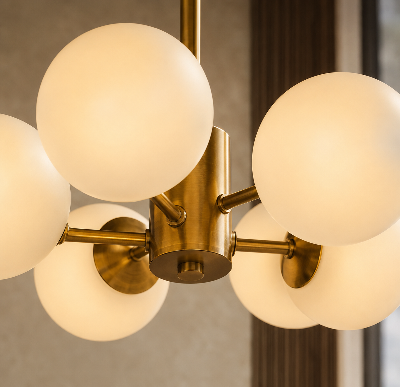 8-flammiger Kronleuchter Gold – Messing Satin & Weißglas – 68 cm