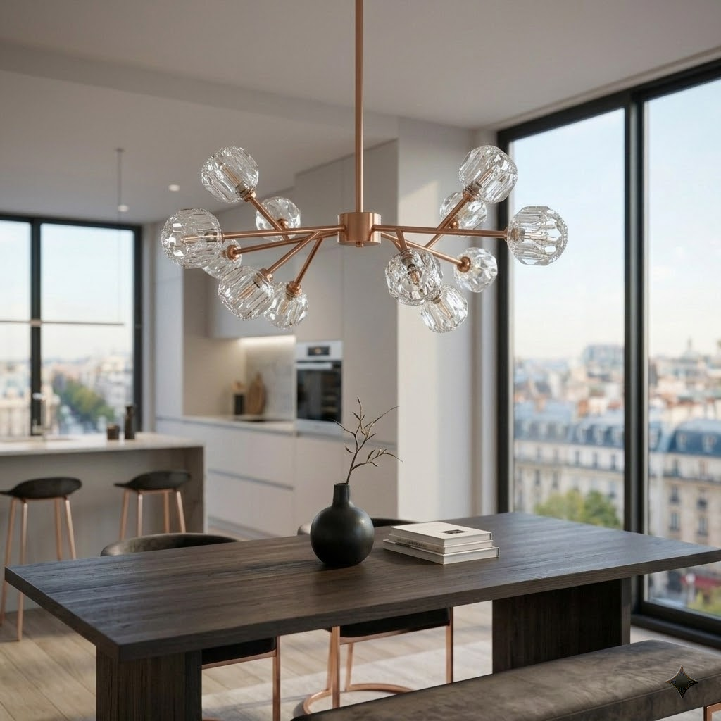 12-Licht Pendelleuchte Rosy Copper Gold – Modernes Glas & Metall – 90x45 cm