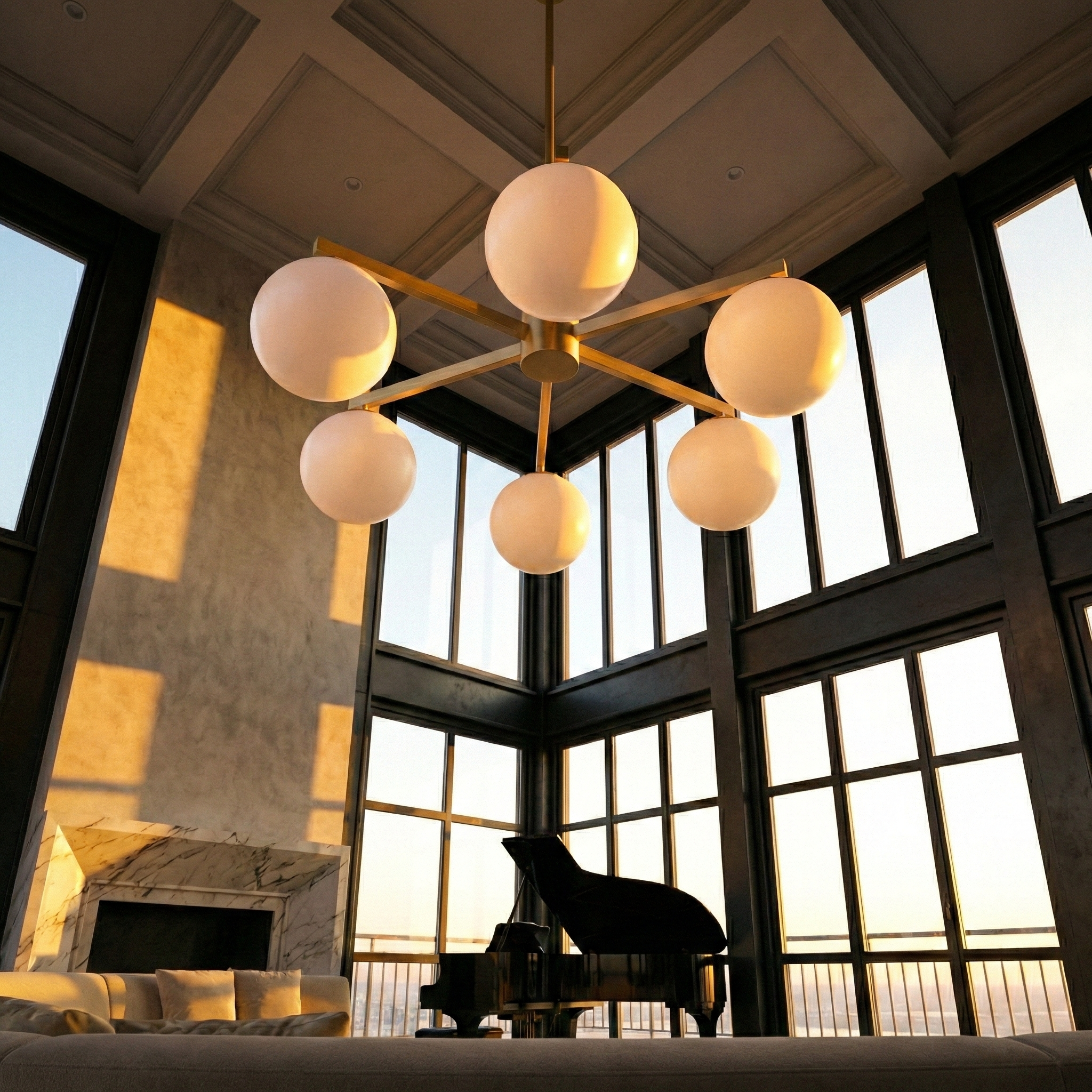 Moderner 6-Licht Kronleuchter Stella – Messing Satin & weißes Glas 75cm