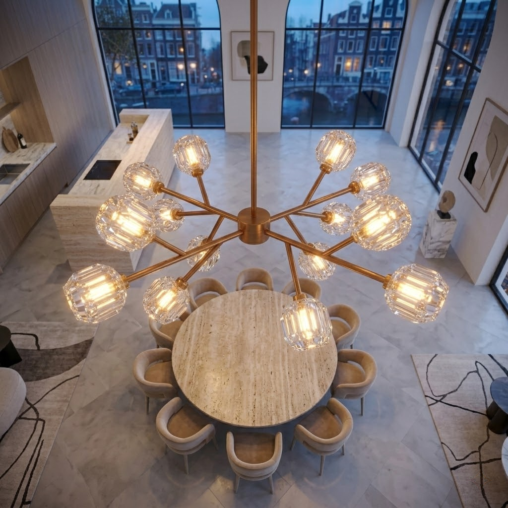 12-Licht Pendelleuchte Rosy Copper Gold – Modernes Glas & Metall – 90x45 cm